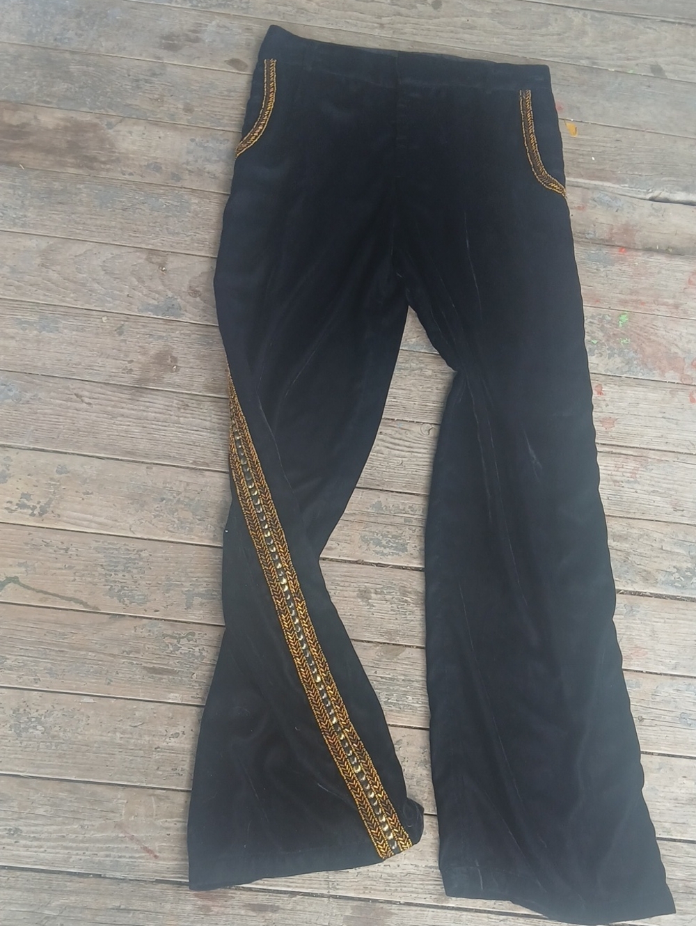 Carolina K Black Velvet High Rise Wide-Leg Pants with Gold Trim - Picture 3 of 7